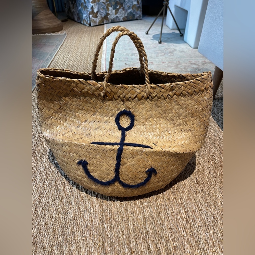 Vintage Nautical Woven Straw Bag with Blue Anchor